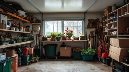 An indoor cluttered garage shows storage and many gardening items