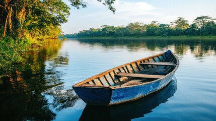 A wooden blue boat floats peacefully on a calm river