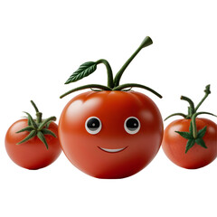 Digital illustration of smiling tomato character with two smaller tomatoes, glossy red surface and green stem in cartoon vector style, isolated PNG