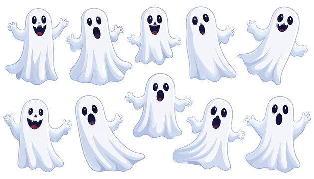 Collection of funny cartoon ghost stickers, isolated on transparent background, playful Halloween theme