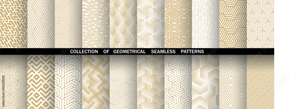 Poster Geometric set of seamless golden and white patterns. Simple vector graphics