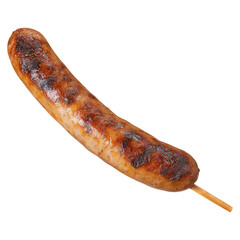 Grilled Sausage on a Wooden Stick with Crispy Charred Exterior, isolated on transparent background.