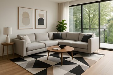 Stylish open plan living room with large floor to ceiling windows, cozy sectional seating and a trendy geometric carpet design for luxury urban home inspiration. Home Decor.