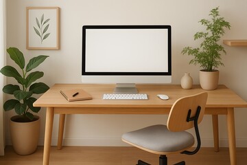 Fototapeta premium Scandinavian style workspace with oak desk, ergonomic black chair, houseplants, and desktop computer. Clean design and biophilic decor for productivity and calm. Home decor.