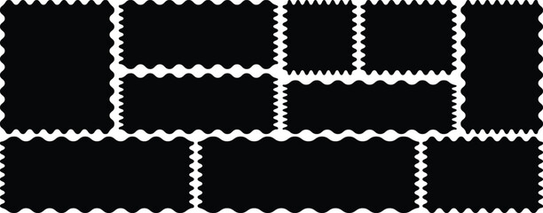 Vintage postage in different zigzag edges. Squares and rectangles of various sizes with zigzag smooth edges. Postage stamps collection with zigzag edges. 