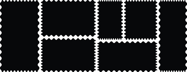  Vintage postage in different zigzag edges. Postage stamps collection with zigzag edges. Squares and rectangles of various sizes with zigzag smooth edges.