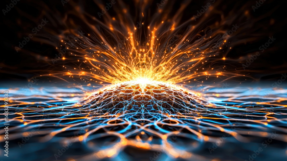 Aufkleber Abstract glowing neural network with orange and blue light streams represents complex data processing.