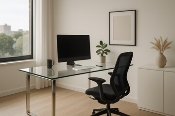 Simple home office setup with scandi style wood desk. Indoor plants and clean layout create perfect work from home corner. Home Decor.