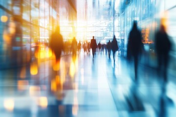 Blurry corridor view of professionals navigating a modern space, ideal for corporate themes and business presentations, featuring stylish bokeh for a dynamic touch