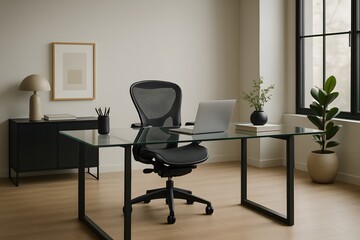 Scandinavian workspace with ergonomic seating and earthy tones. Potted greenery and wood textures define functional minimalist design. Home Decor.