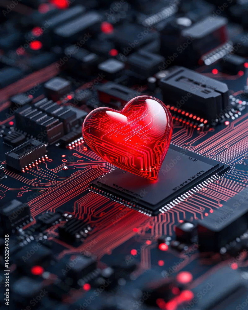 Poster A shiny red heart rests on a complex computer circuit board with glowing red connections and components.