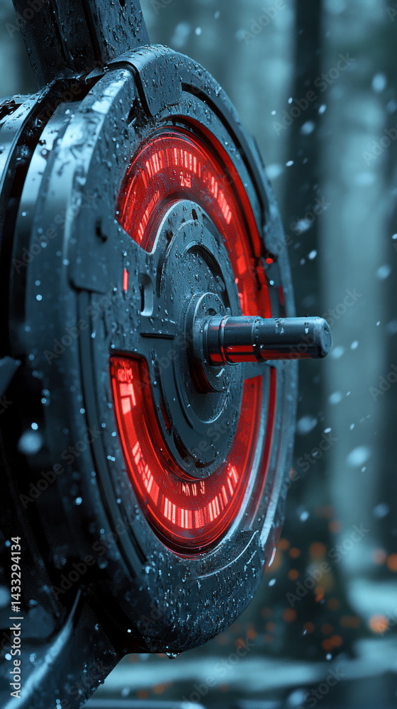 Poster an abstract close up of a futuristic mechanical device with red light under falling snow in winter s