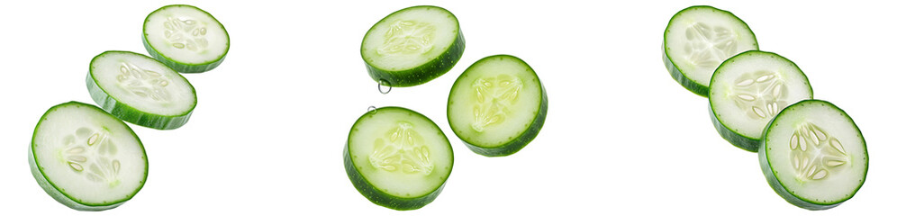 set of fresh green cucumber slices in different style isolated