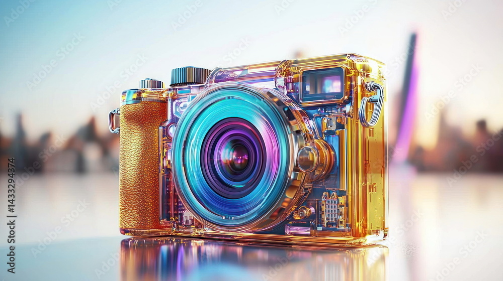 Aufkleber A transparent digital camera with visible internal components is displayed with a blurred cityscape background.