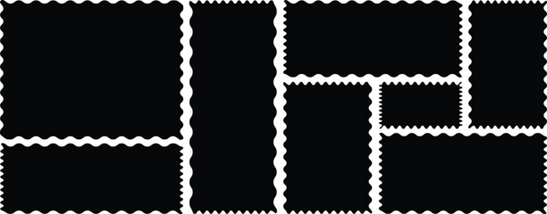 Squares and rectangles of various sizes with zigzag smooth edges. Postage stamps collection with zigzag edges. Vintage rectangle different zigzag edges