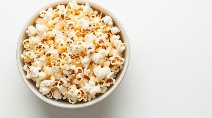 An overhead shot of a bowl filled with fresh, fluffy popcorn on a clean white background studio setting.