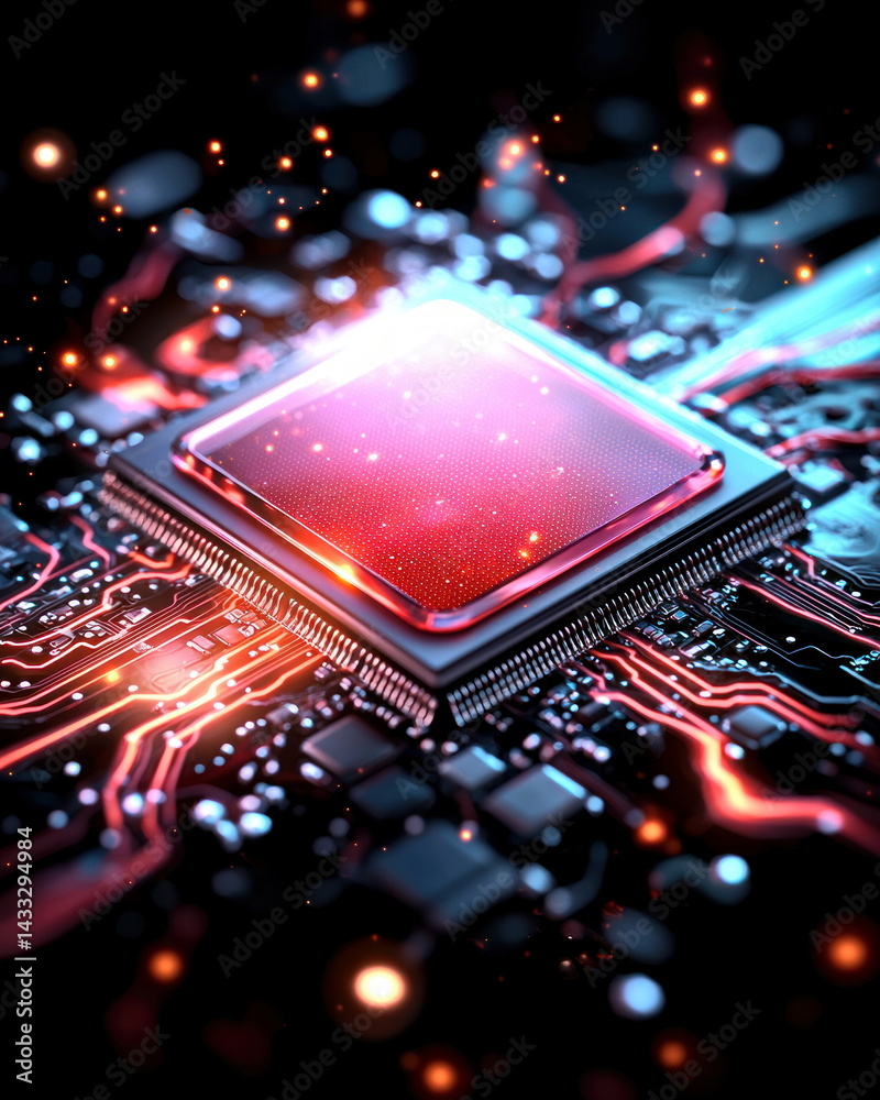 Poster Glowing central processing unit with intricate circuits displays advanced technology and digital innovation.