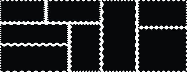 Squares and rectangles of various sizes with zigzag smooth edges. Postage stamps collection with zigzag edges. Vintage postage in different zigzag edges
