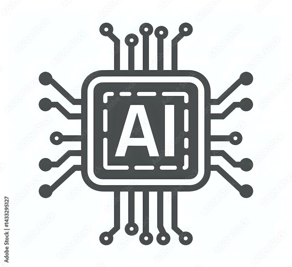 Poster minimalist microchip symbol with ai letters inside square processor design, surrounded by circuit pa