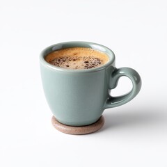 Fototapeta premium A cup of coffee sits on a small coaster. The coffee is dark brown with a light tan crema. The cup is a muted sage green with a speckled texture. The coaster is a light beige. The background is white.