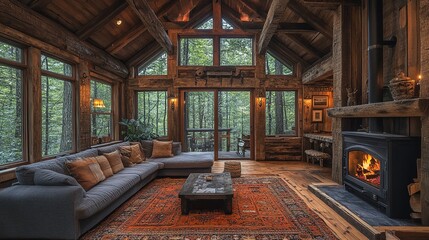 Rustic Cabin Interior with Forest Views and Burning Fireplace