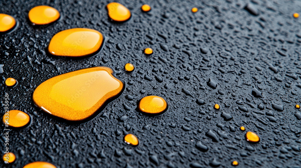 Aufkleber Several shiny, golden drops of viscous liquid rest on a textured black surface creating abstract pattern.