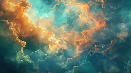 An ethereal dreamscape of swirling clouds, painted in hues of teal, sapphire, and marigold.