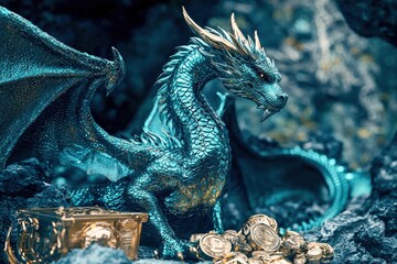 Fototapeta premium Robotic dragon on circuit board glowing with blue and red lights