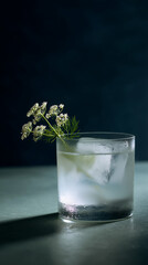 clear cocktail in a short glass, glass of water with flowers