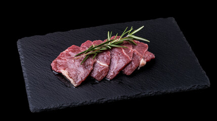 Thin slices of fresh beef are artistically arranged on a sleek black slate. A sprig of rosemary adds a touch of elegance, perfect for gourmet meals and culinary artistry