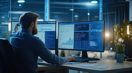 Fototapeta premium Software developer analyzing data on multiple monitors in modern office