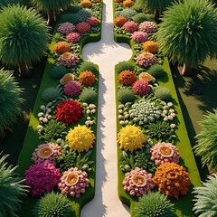 Fototapeta premium Artistic display of flowers in a public exhibition field with top-down view, clean background areas with blooming diversity