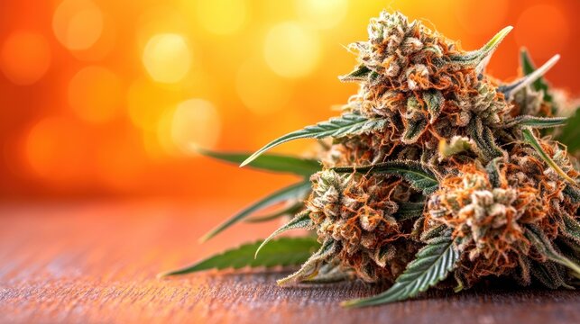 Close up of cannabis flower buds with green leaves resting on a wood surface against an orange bokeh background.