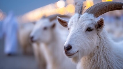 White Goat Close-up with Large Horns Standing in a Herd Outdoor