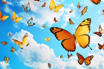 Uplifting butterfly swarm in nature sky