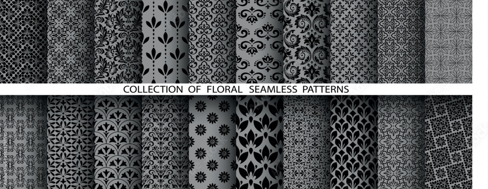 Poster geometric floral set of seamless patterns. gray and black vector backgrounds. damask graphic ornamen