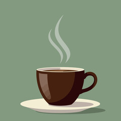 Brown coffee cup with steam on white plate vector illustration in green background