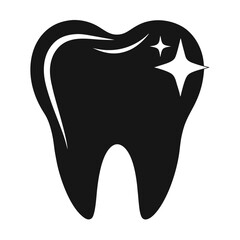 Clean Black Tooth Icon with Sparkles in White Background Silhouette