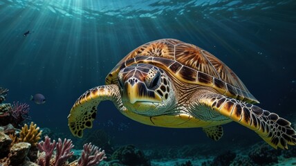 Fototapeta premium Sea turtle swimming coral reef sunlight ocean wildlife