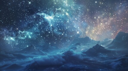 Fototapeta premium The image is a beautiful landscape of a mountain range under a starry night sky. The mountains are covered in snow. and the sky is full of stars.