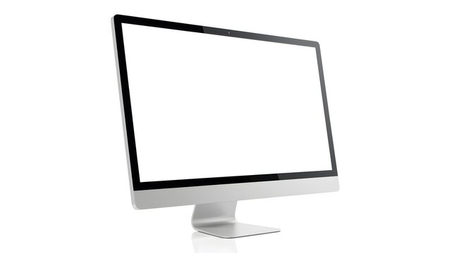 AI image presents a sleek, modern computer monitor with a blank white screen, isolated on a pure white background angle view.
