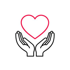 hands holding red heart outline vector icon on white background