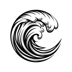 Black Stylized Ocean Wave Isolated on White Background, Circular Water Icon, Nature Art