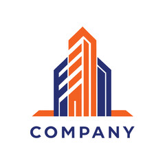 Fototapeta premium Abstract Building Facade in Orange and Blue, Modern Geometric Structure Design, Minimalist