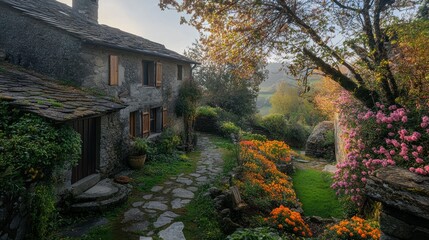 Picturesque stone cottage along a winding pathway through a garden