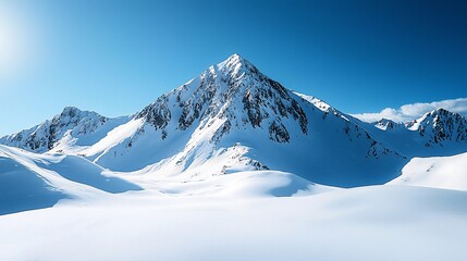 Majestic snow-covered mountain peak under a clear blue sky with bright sunshine and scenic beauty
