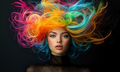 Fototapeta premium Young woman with vibrant rainbow colored hair flowing dramatically against dark background, wearing black turtleneck, artistic beauty portrait with intense gaze.
