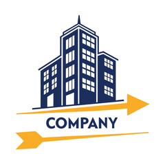 Fototapeta premium Three navy blue building icons over company text and arrows on a white background