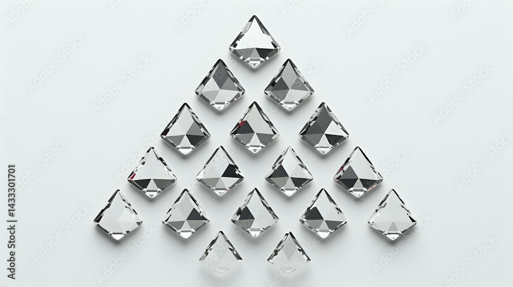 Poster Minimalist geometric composition with folded paper triangles arranged in pyramid shape on light background, creating dynamic shadows and depth. Perfect for modern design projects.