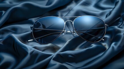 Stylish aviator sunglasses with blue tinted lenses on dark silky fabric background with elegant folds and soft lighting creating luxurious mood.